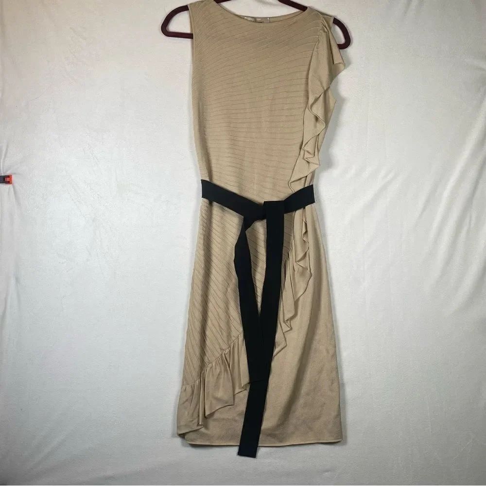 Valentino Made In Italy Beige Sleeveless Bodycon Dress W/Ruffle Details Size M